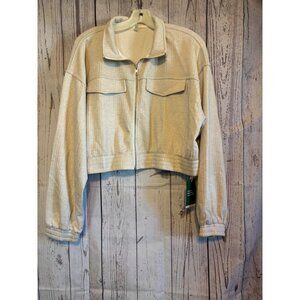 Halara NWT Corduroy Beige Zip Chic Cropped Pocket Jacket Banded Waist Size Large